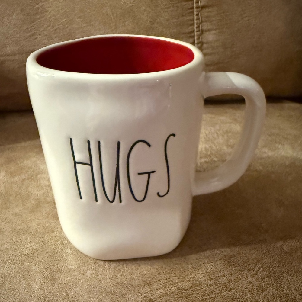 Rae Dunn "Hugs"  Coffee Mug/Cup White w/Black Text Red Inside Ceramic Farmhouse